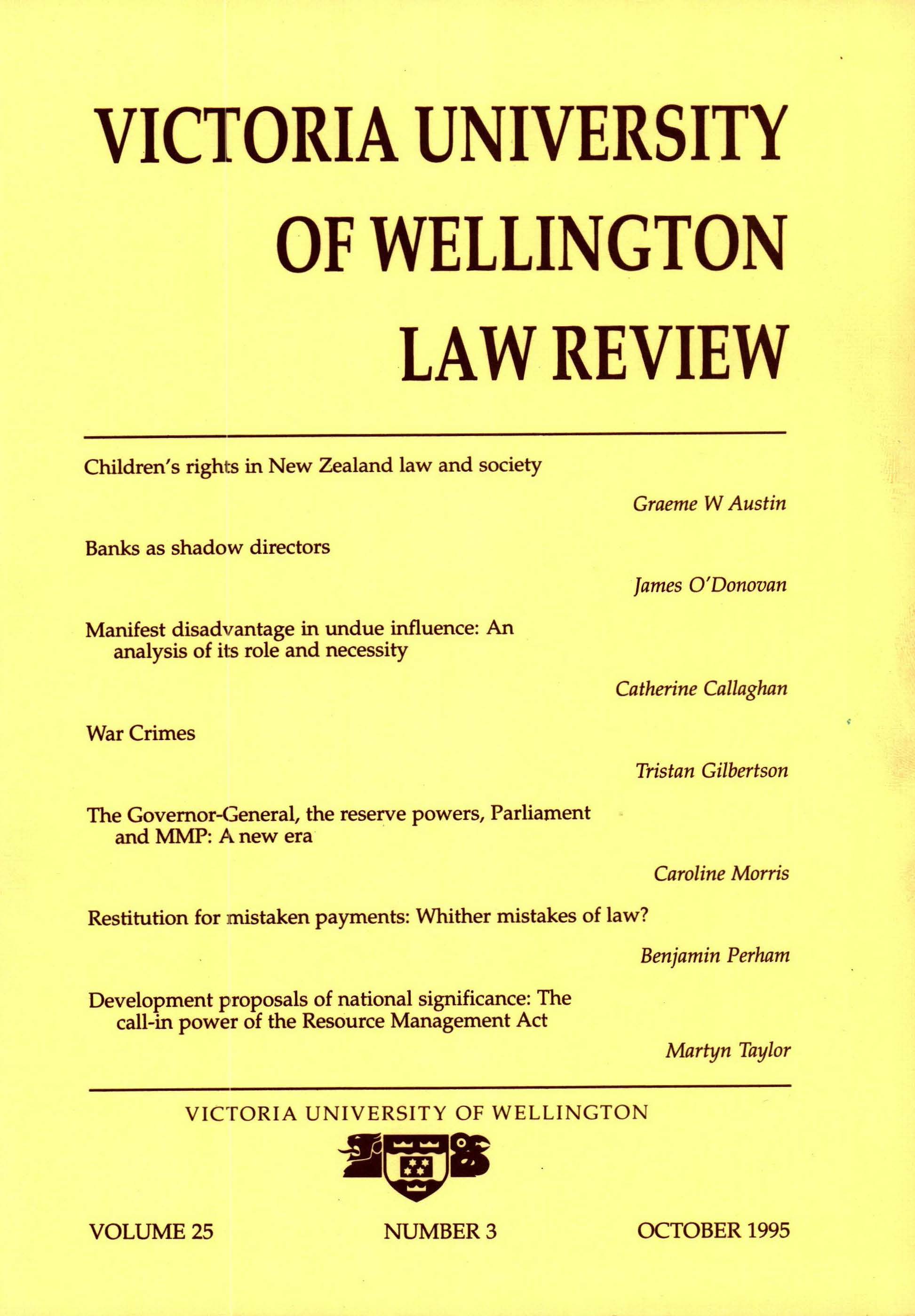					View Vol. 25 No. 3 (1995): Victoria University of Wellington Law Review
				